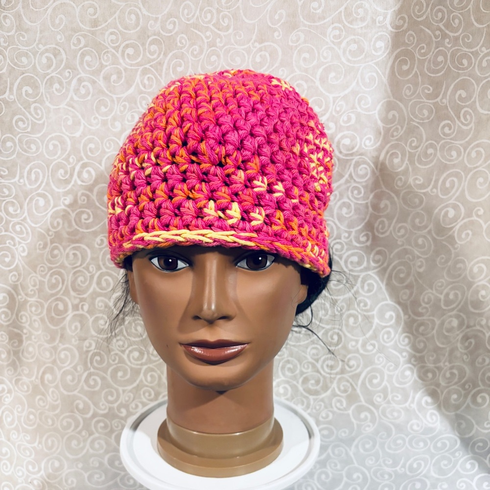 Handmade Crochet Multicolor Beanie Hat Pink Orange Chunky
